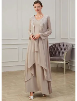 A-Line Mother of the Bride Dress Wedding Guest Elegant Jewel Neck Floor Length Chiffon Long Sleeve Jacket Dresses with Appliques Fall