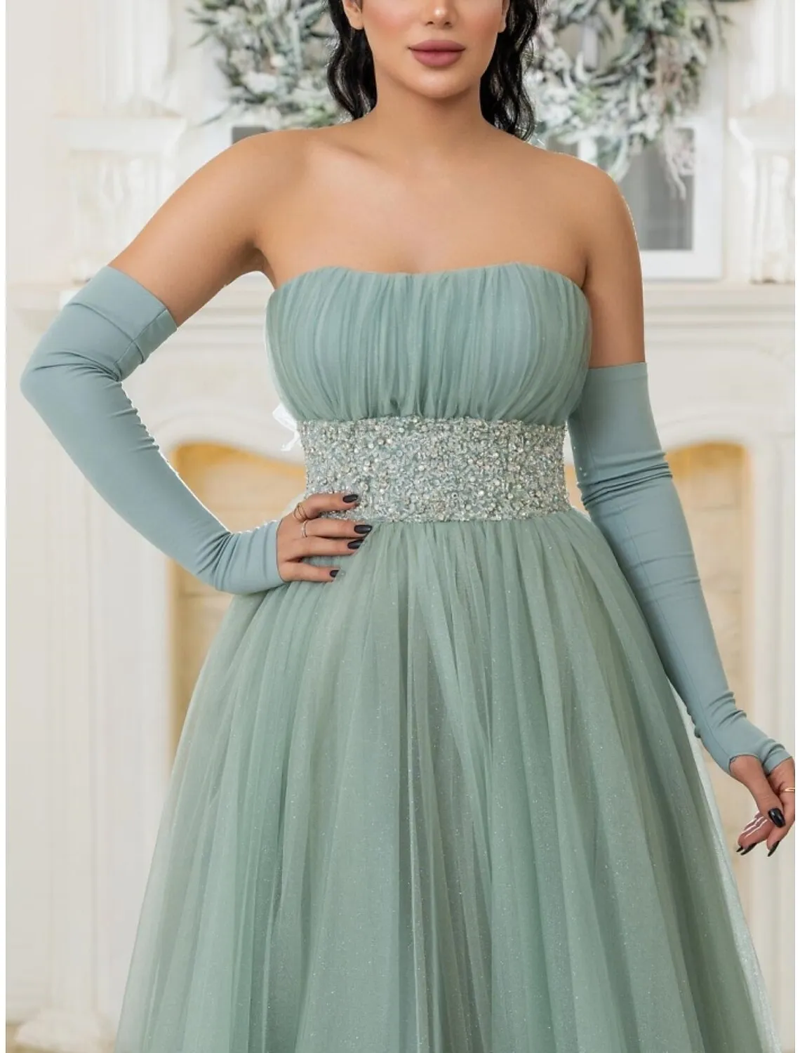 A-Line Prom Dresses Elegant Dress Formal Sweep / Brush Train Christmas Red Green Dress Long Sleeve Strapless Tulle with Bow(s) Pleats Sequin