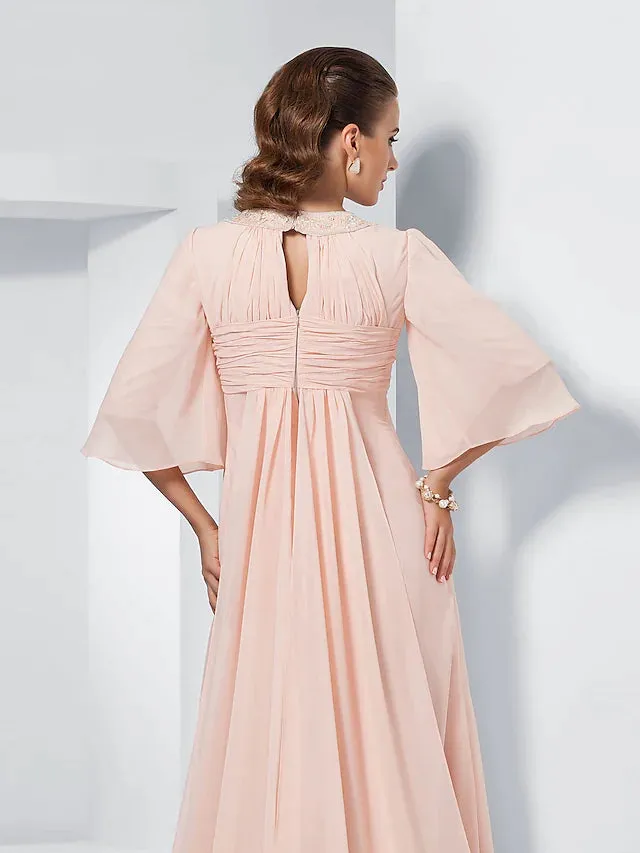 A-Line Special Occasion Dresses Elegant Dress Wedding Guest Sweep / Brush Train Half Sleeve Jewel Neck Chiffon with Beading Draping