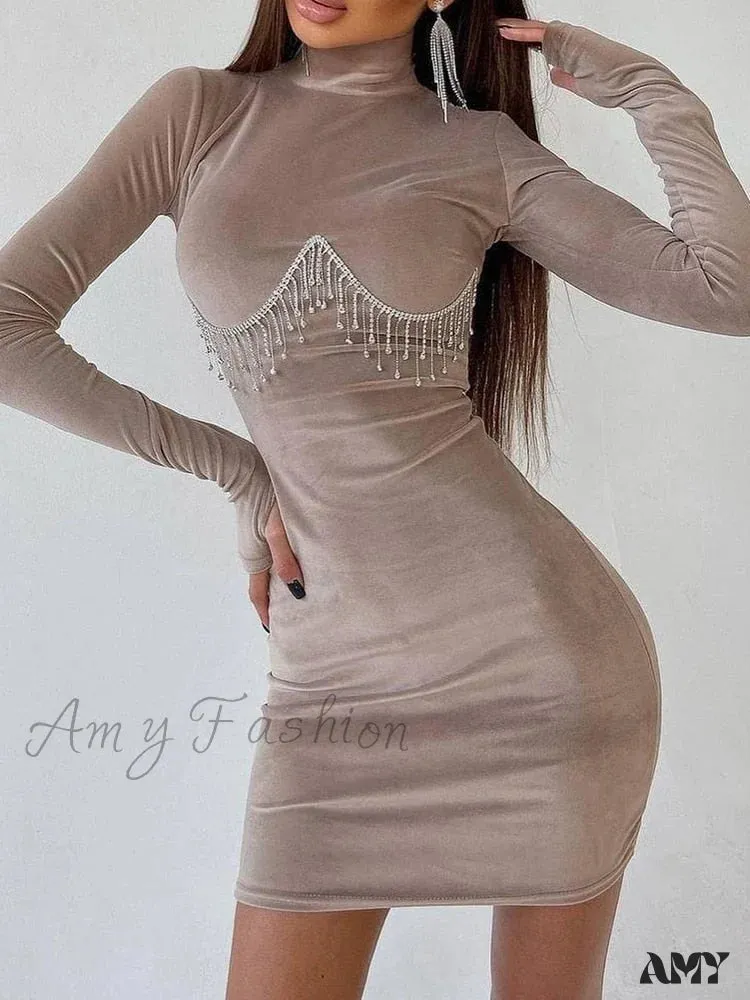 Amy Fashion - Elegant Tassel Velvet Bodycon Party Dresses