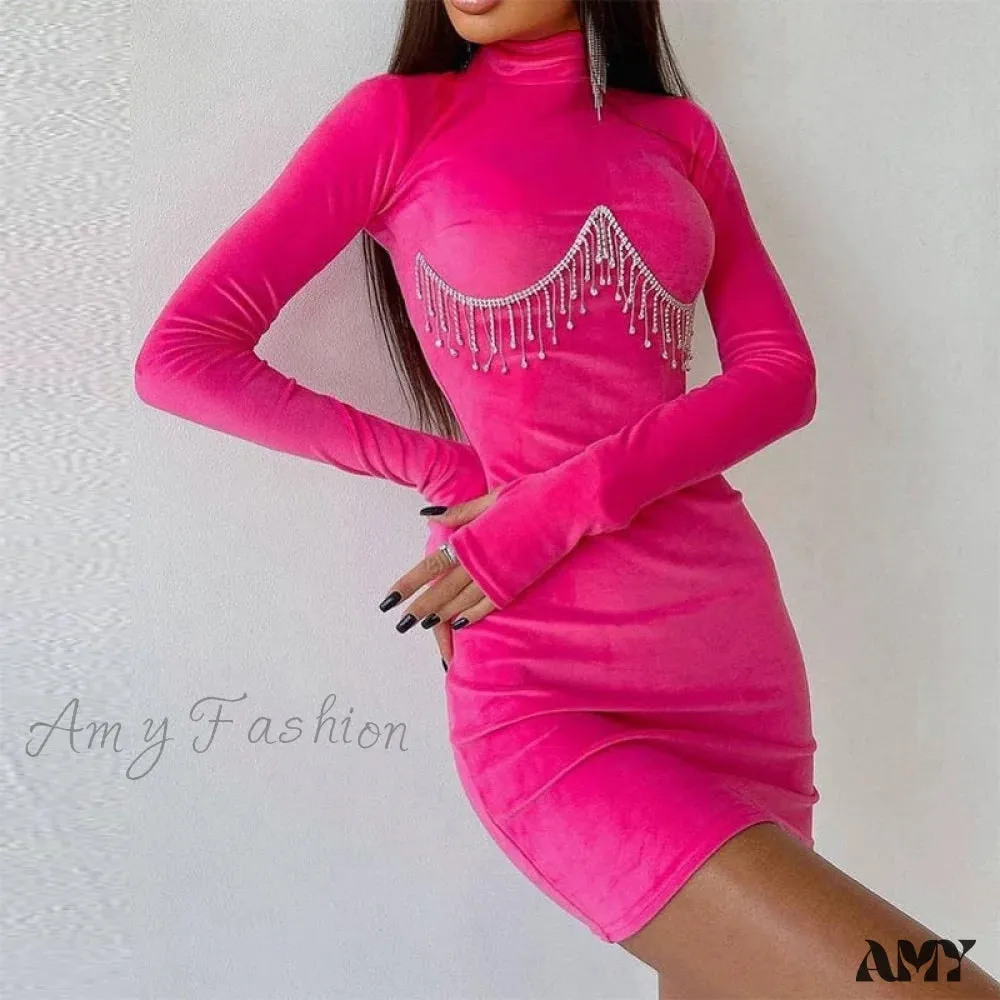 Amy Fashion - Elegant Tassel Velvet Bodycon Party Dresses