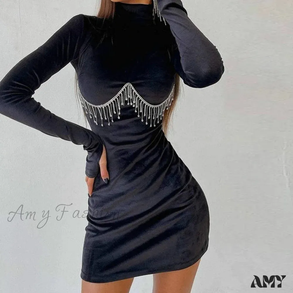 Amy Fashion - Elegant Tassel Velvet Bodycon Party Dresses