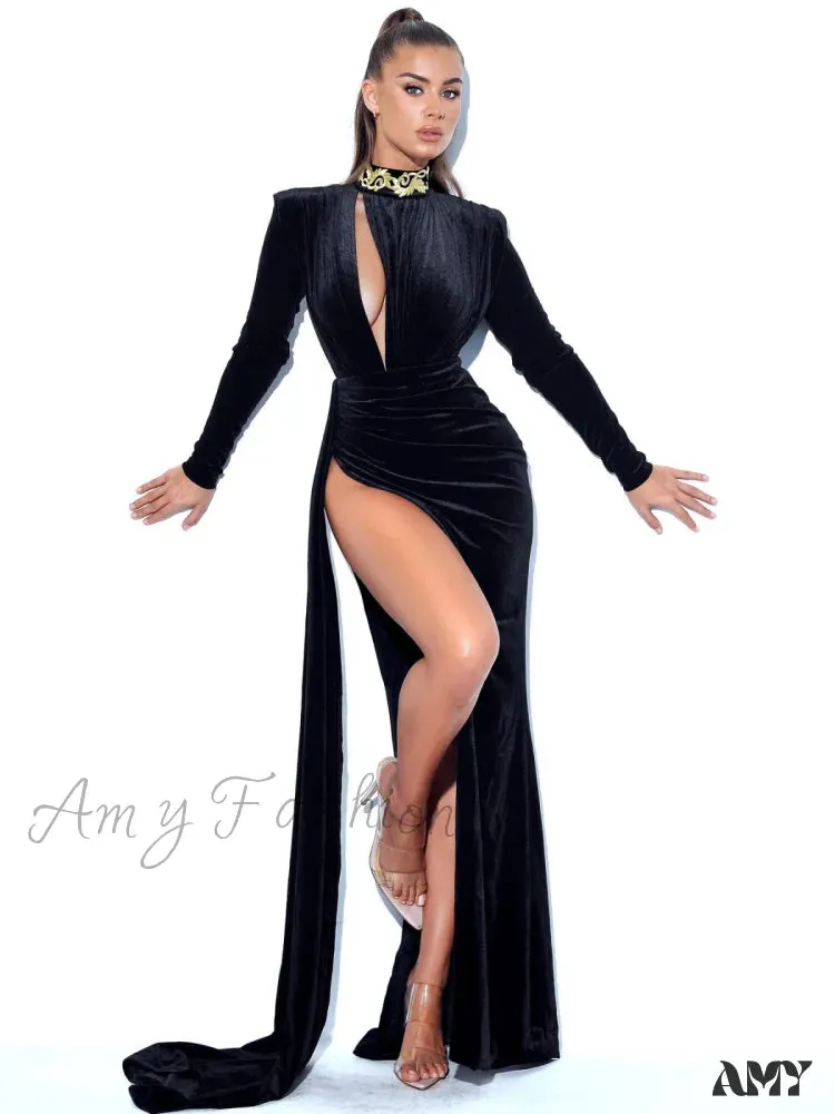 Amy Fashion - Velvet Pleated Slit Elegant Party Dresses