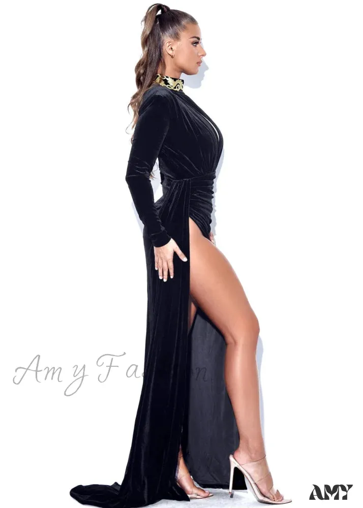 Amy Fashion - Velvet Pleated Slit Elegant Party Dresses