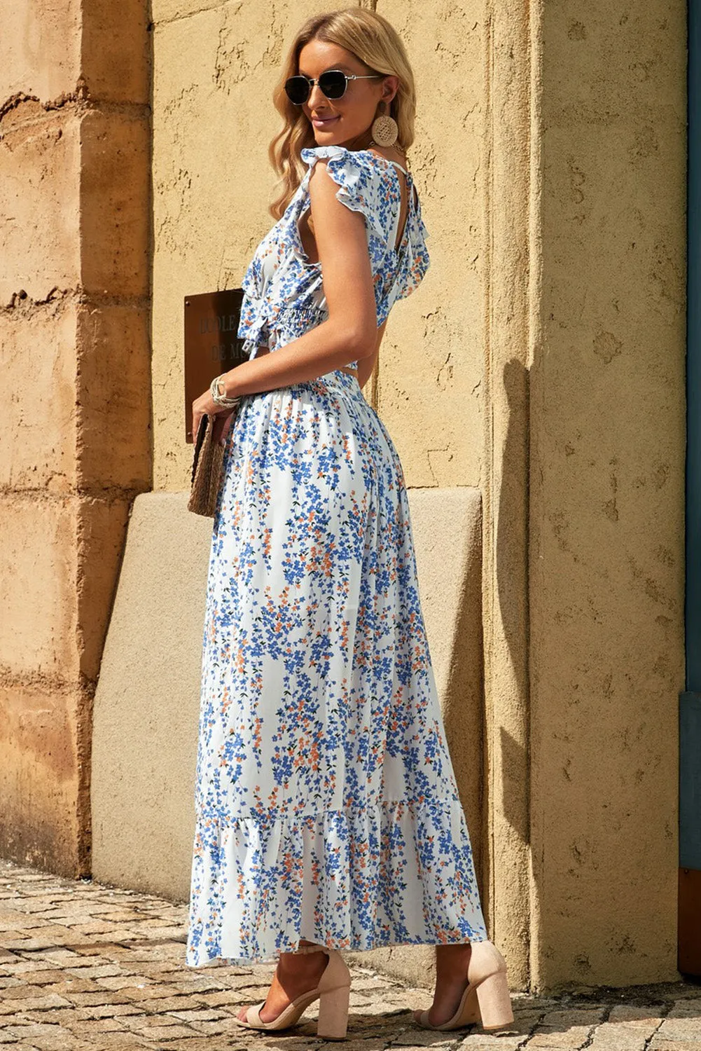 Boho Floral Printed Tie Back Cropped Top and Maxi Skirt Set