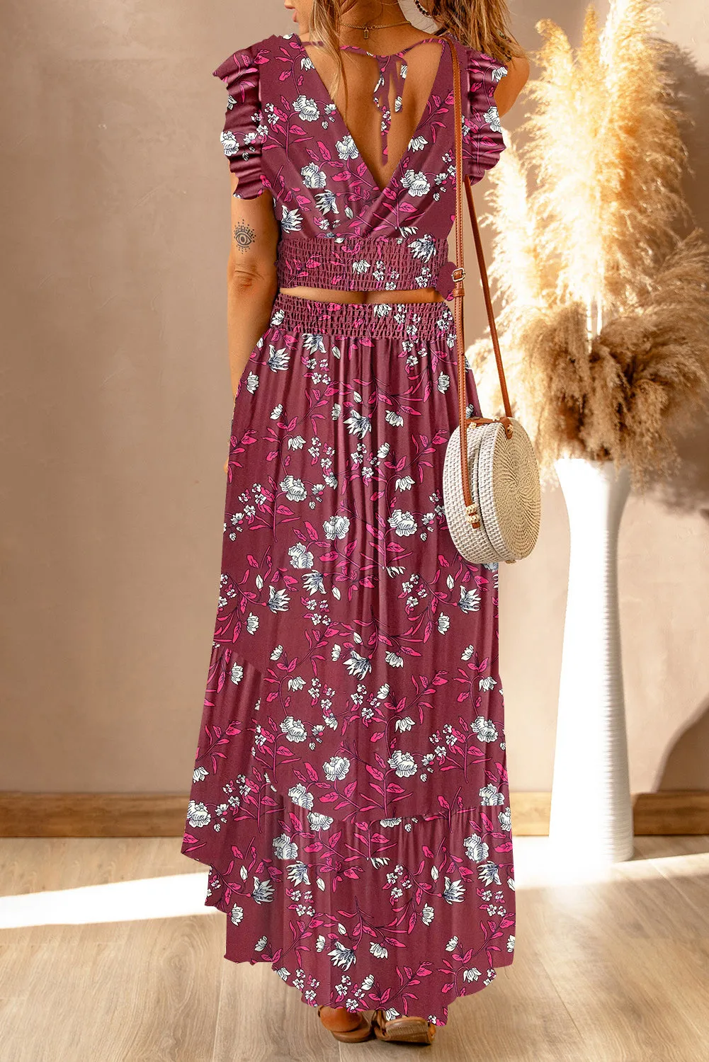 Boho Floral Printed Tie Back Cropped Top and Maxi Skirt Set