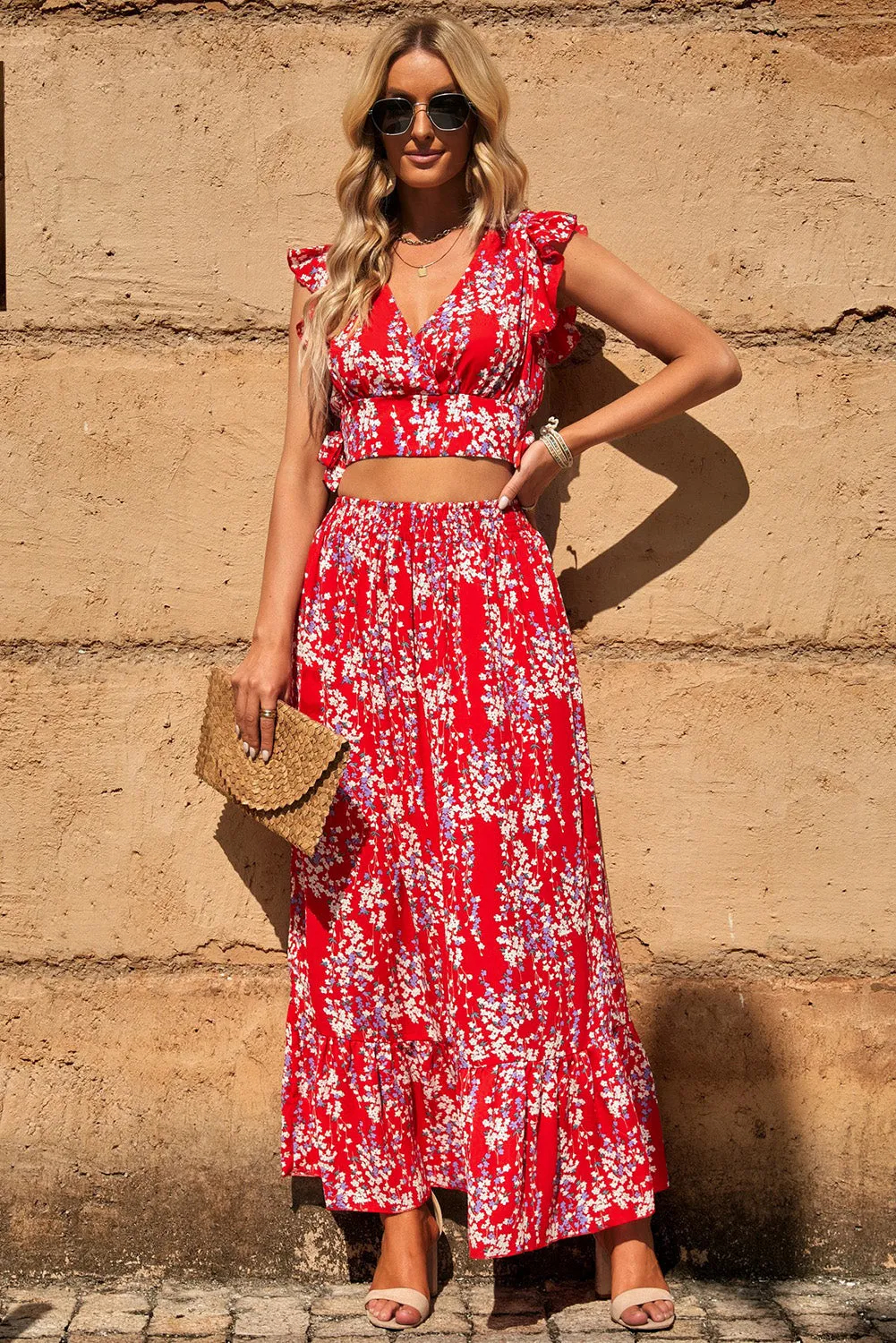 Boho Floral Printed Tie Back Cropped Top and Maxi Skirt Set