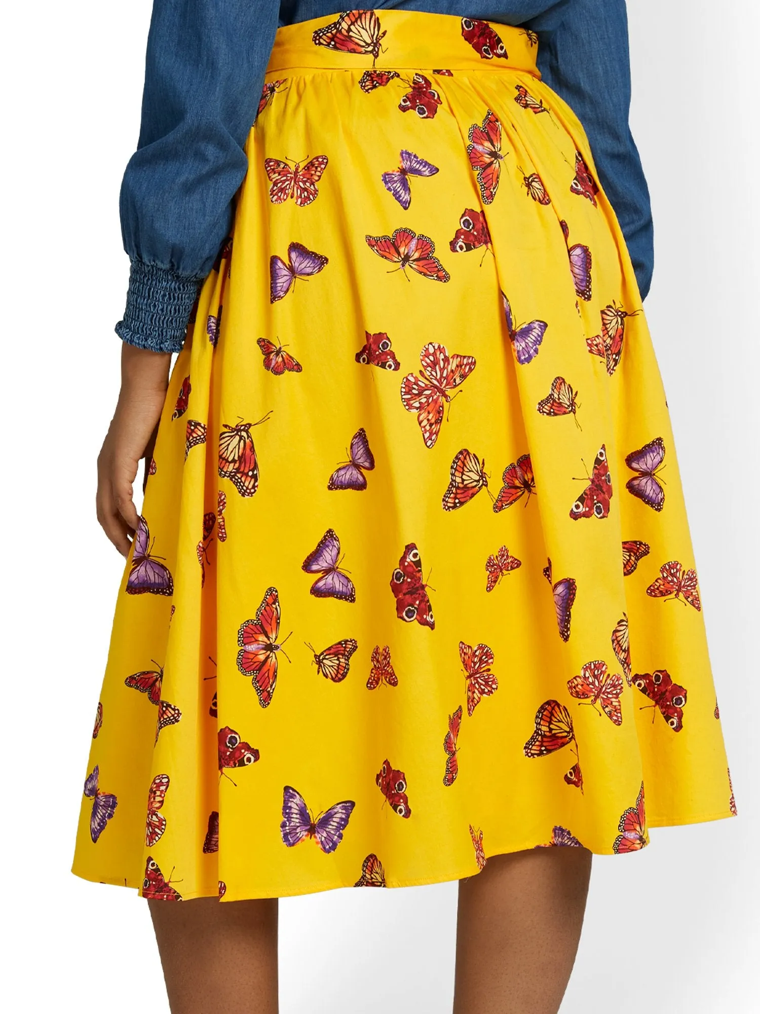 Butterfly-Print Tie-Waist Midi Skirt