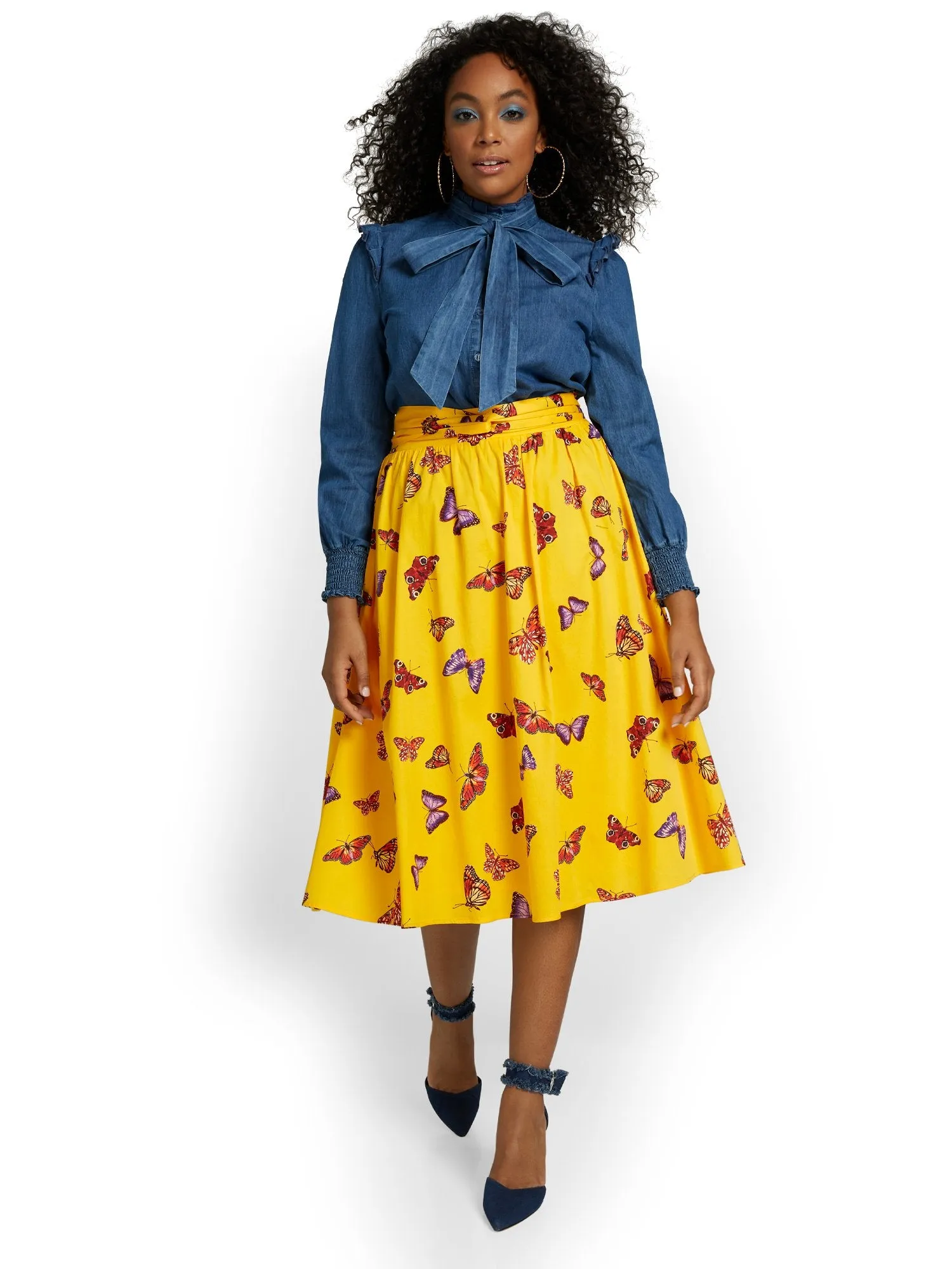 Butterfly-Print Tie-Waist Midi Skirt