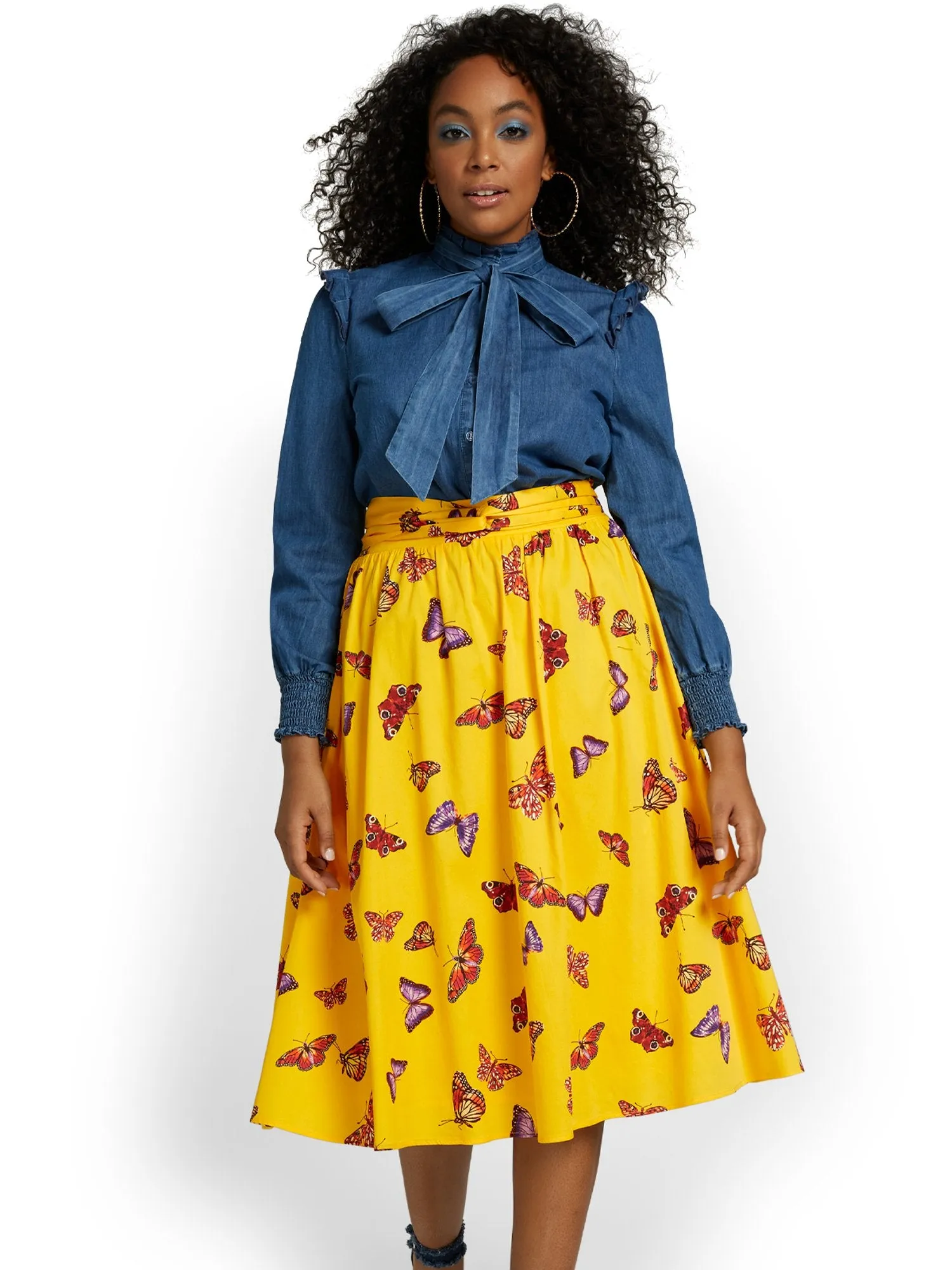 Butterfly-Print Tie-Waist Midi Skirt