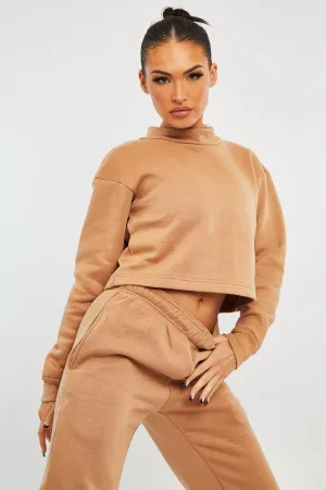 Camel High Neck Cropped Sweatshirt - Orli