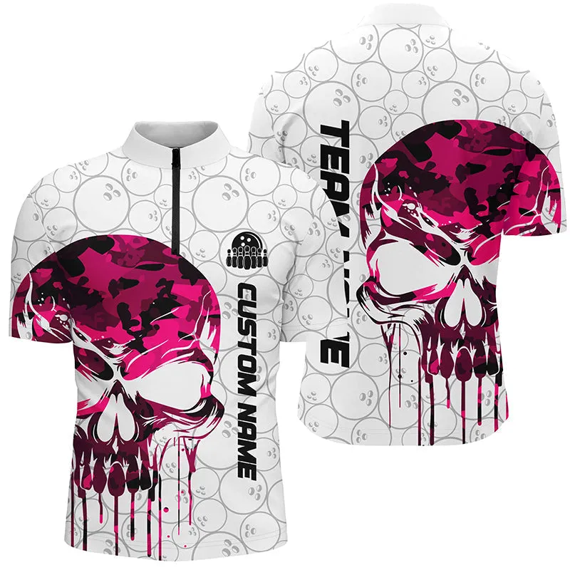 Custom Multi Color Camo Skull Bowling Quarter Zip Shirts Men Team Bowling Jerseys Bowling League Outfit