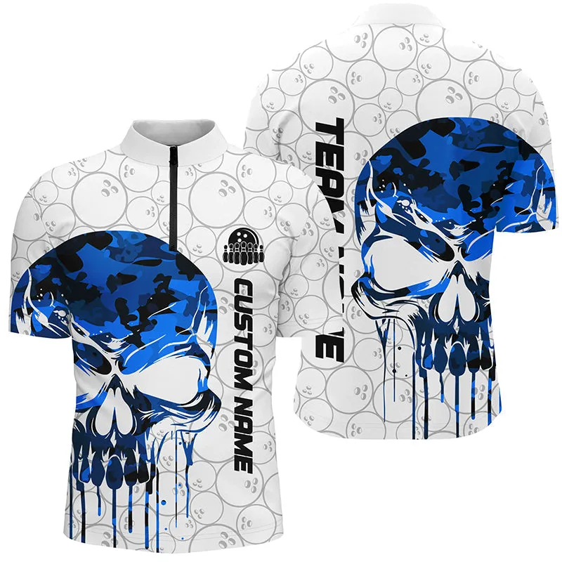 Custom Multi Color Camo Skull Bowling Quarter Zip Shirts Men Team Bowling Jerseys Bowling League Outfit