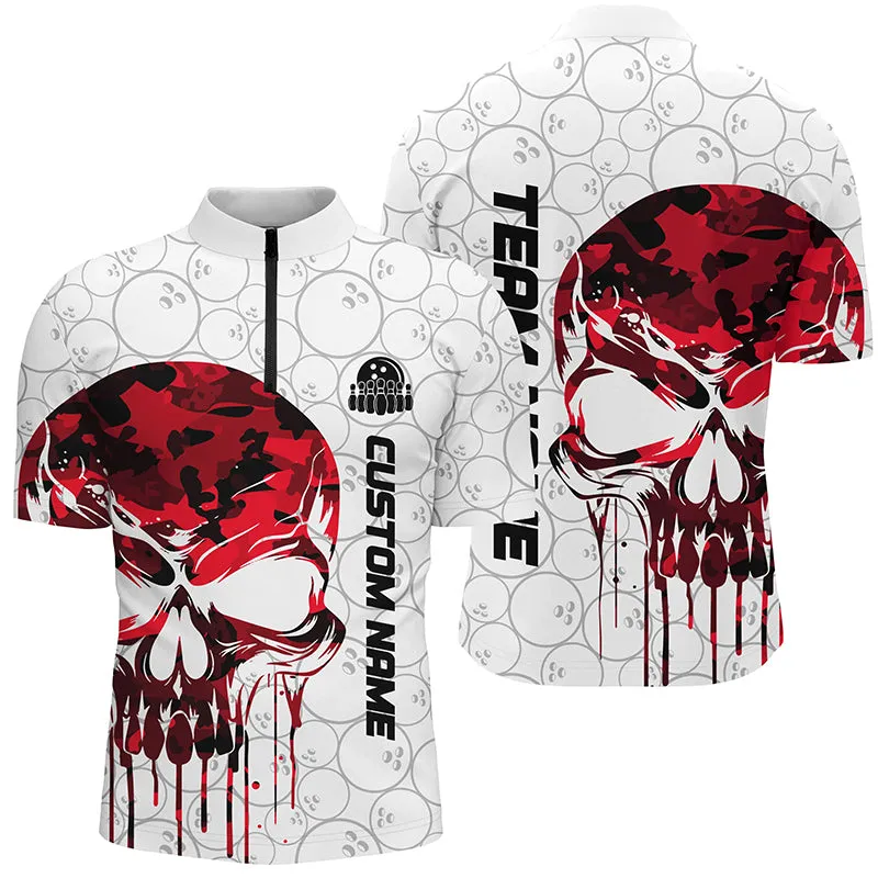 Custom Multi Color Camo Skull Bowling Quarter Zip Shirts Men Team Bowling Jerseys Bowling League Outfit