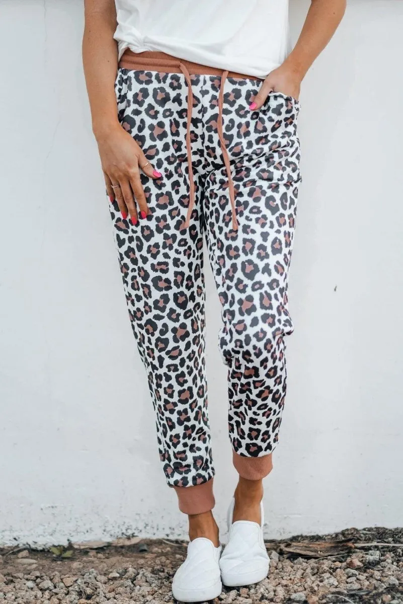 Elastic Coral and Leopard Print Jogger Pants