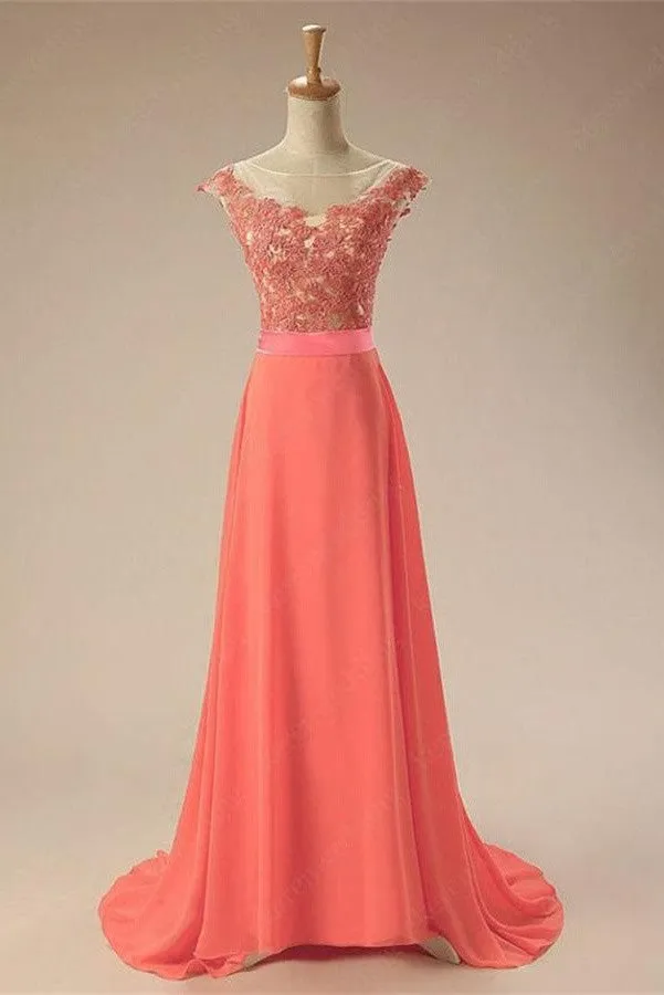 Elegant Watermelon Charming  Long Chiffon Lace Prom Dress