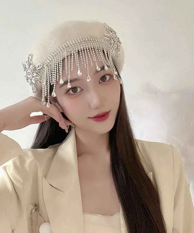 Elegant White Tassel Cashmere Baseball Cap Hat