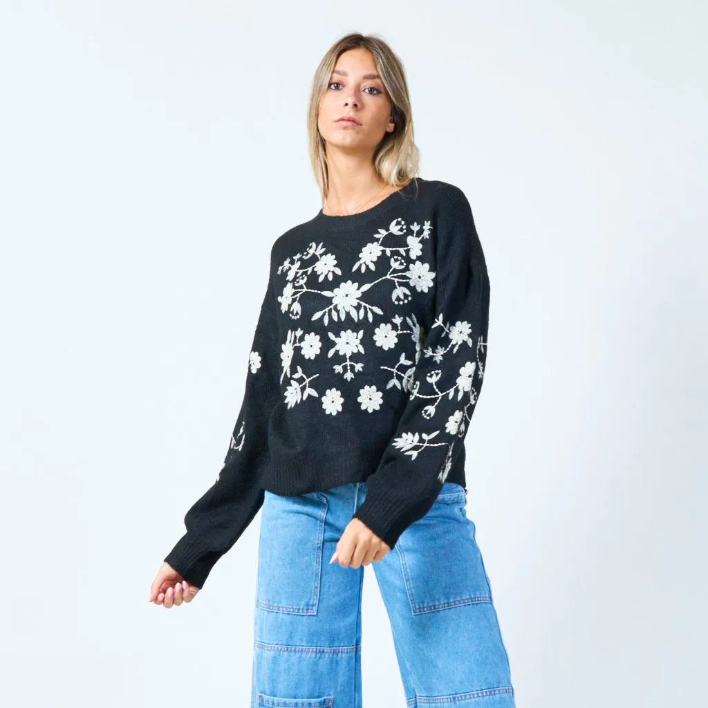 Embroidered floral knit sweater wholesale