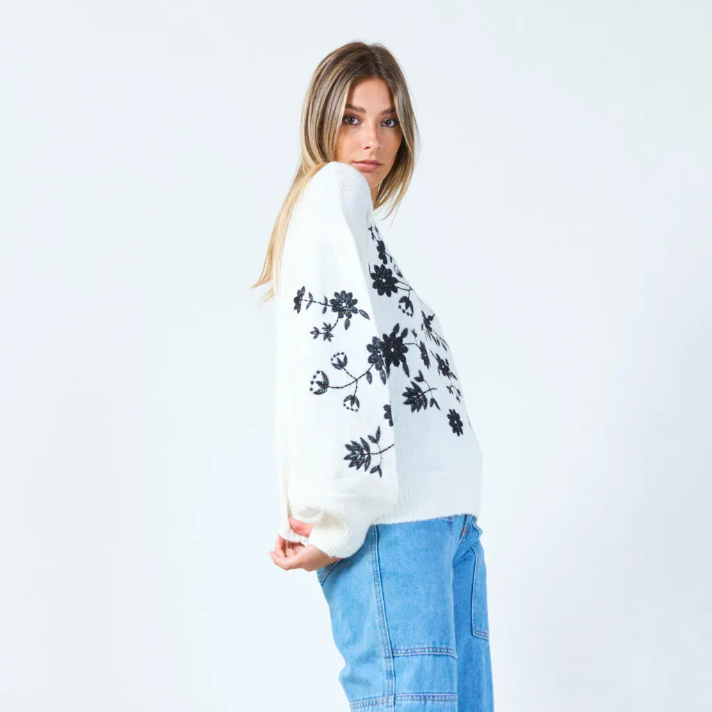 Embroidered floral knit sweater wholesale