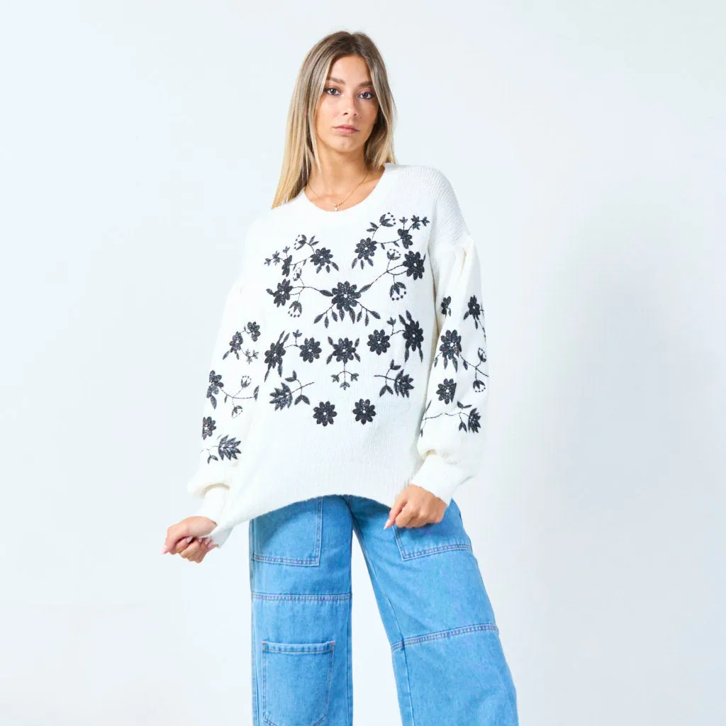 Embroidered floral knit sweater wholesale