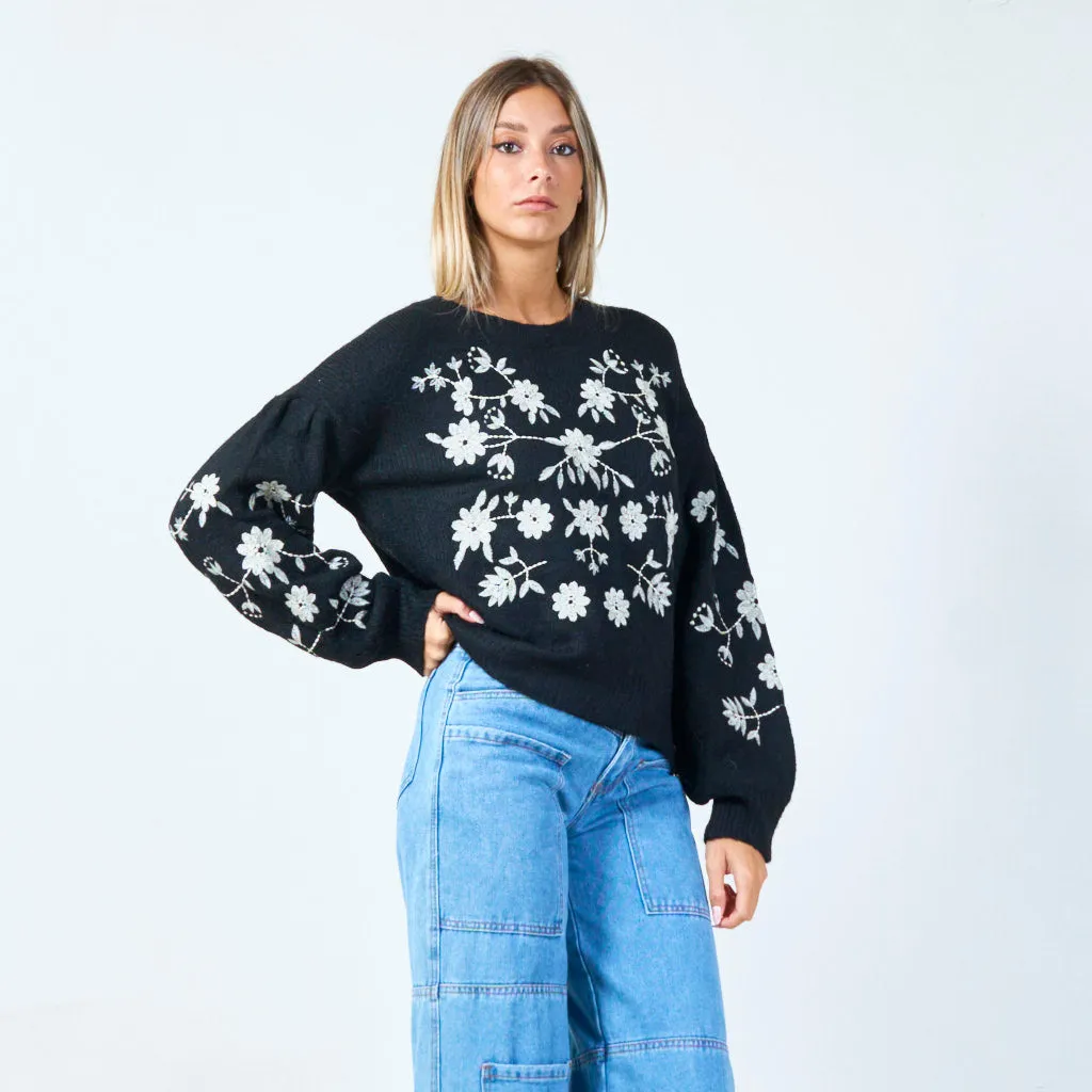 Embroidered floral knit sweater wholesale