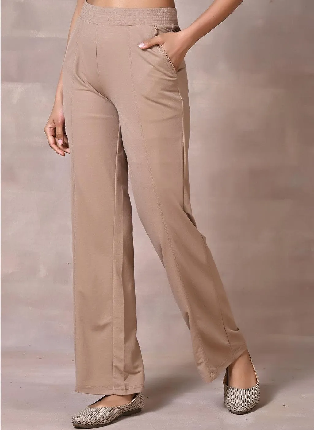 Esha Beige Modal Linen Relaxed Fit Pants for Women