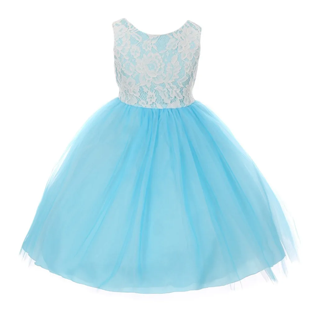 Little Girls Aqua Lace Tulle Sleeveless Easter Dress 2-6