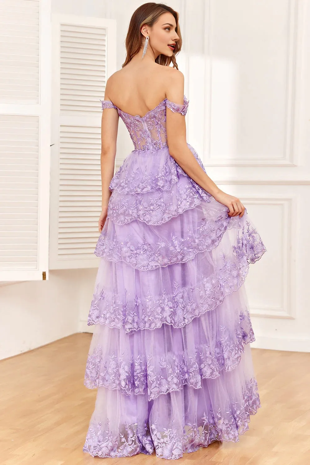 Long Formal Dresses Elegant Off Shoulder Corset Tiered Prom Dress with Slit