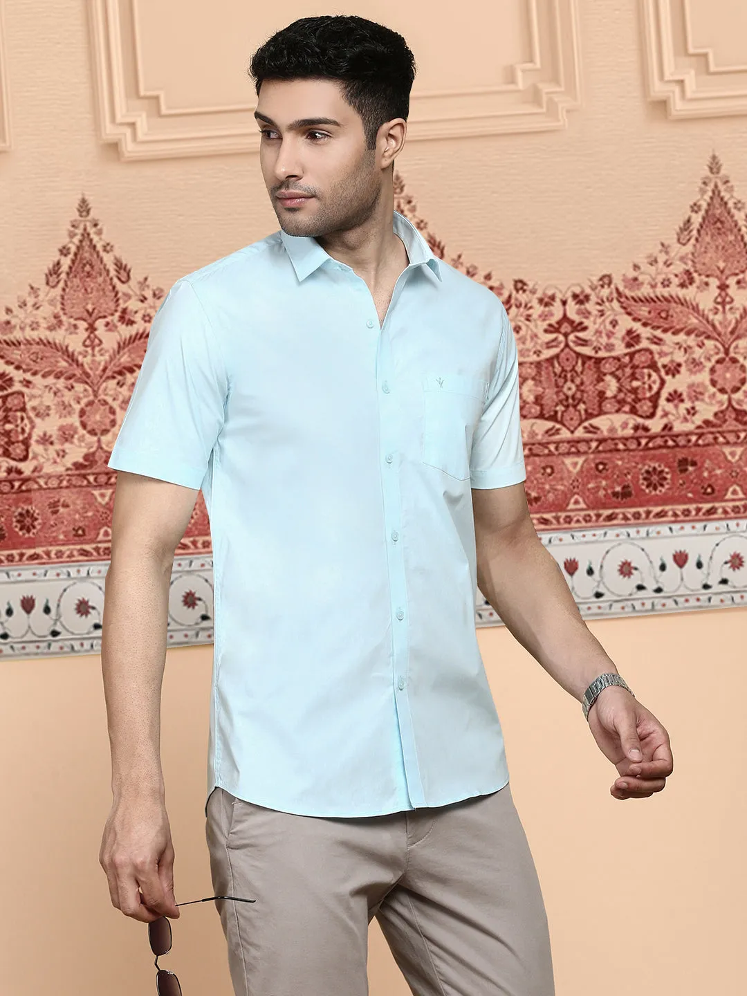 Men Cotton Spandex Shirt 2 way stretch Blue LY2