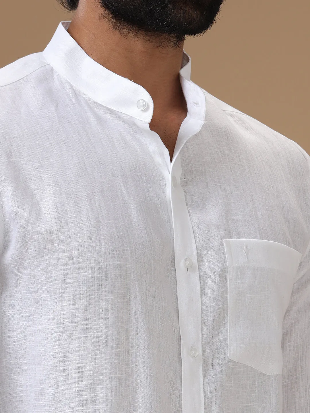 Men Pure Linen Chinese Collar White Shirt 5445