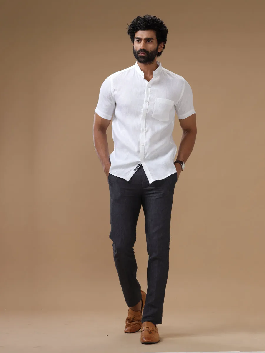 Men Pure Linen Chinese Collar White Shirt 5445