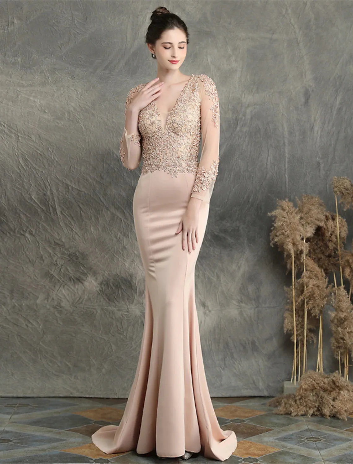 Mermaid / Trumpet Prom Dresses Elegant Dress Formal Wedding Guest Sweep / Brush Train Long Sleeve V Neck Cotton Blend with Beading Appliques