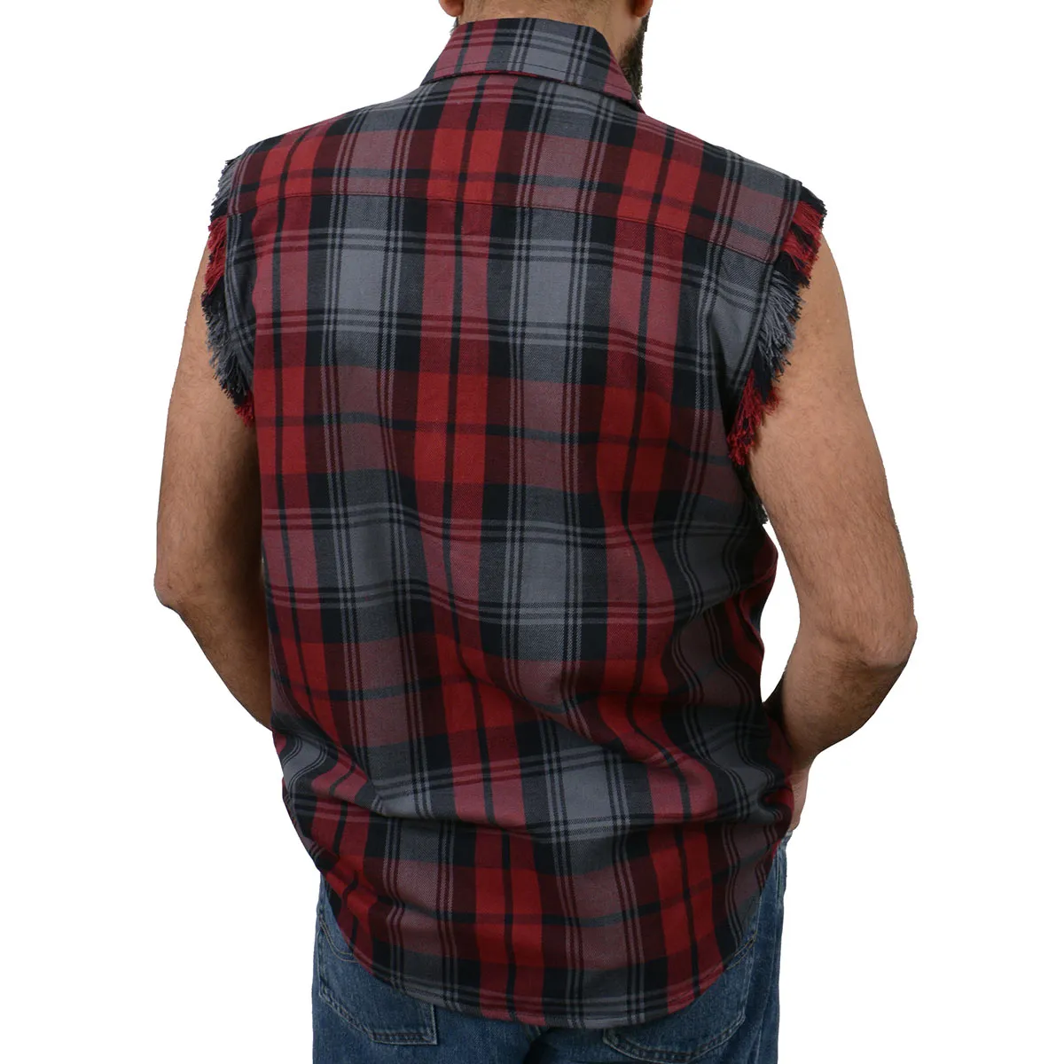 Milwaukee Leather MNG11696 Men’s Black and Grey with Red Cut Off Flannel Shirt