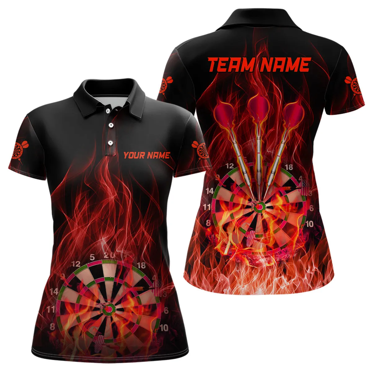 Multi Color Fire Flame Dartboard Womens Darts Polo Shirt Custom Dart Shirts For Women Dart Jerseys