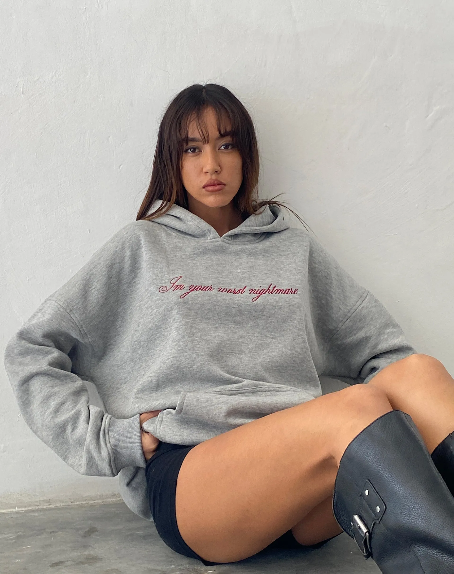 Oversized Hoodie in Grey Marl with Worst Nightmare Embroidery