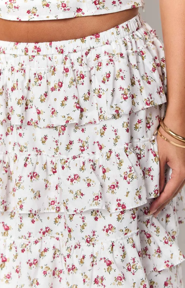 Paisley White Floral Ruffle Maxi Skirt