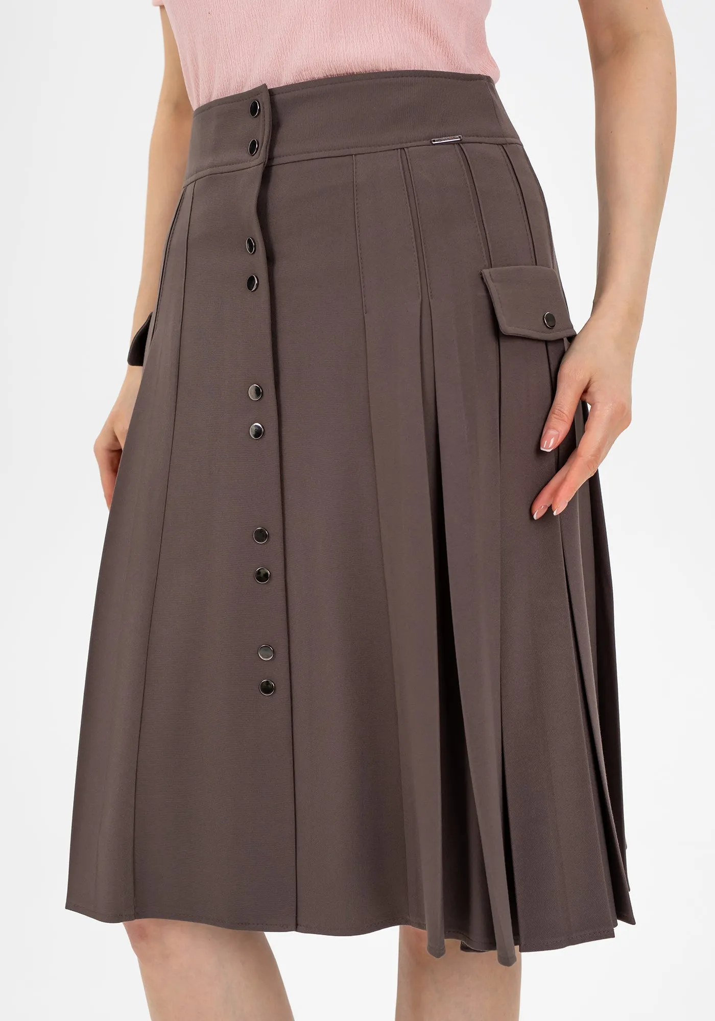 Pleated Button-Front Mink Midi Skirt