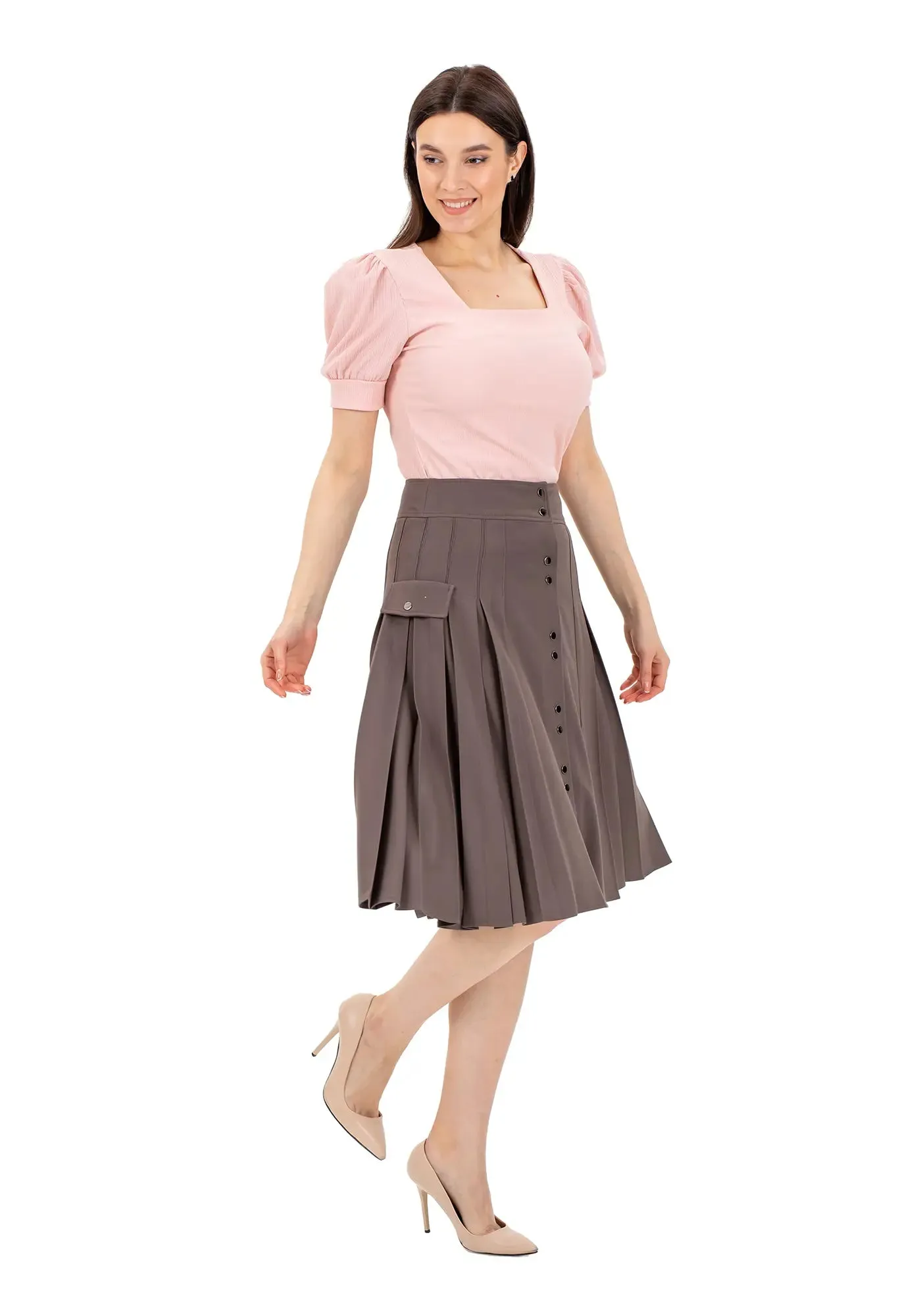 Pleated Button-Front Mink Midi Skirt