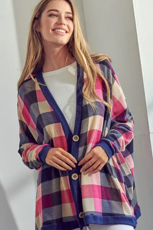 Plus Plaid Button Boyfriend Cardigan