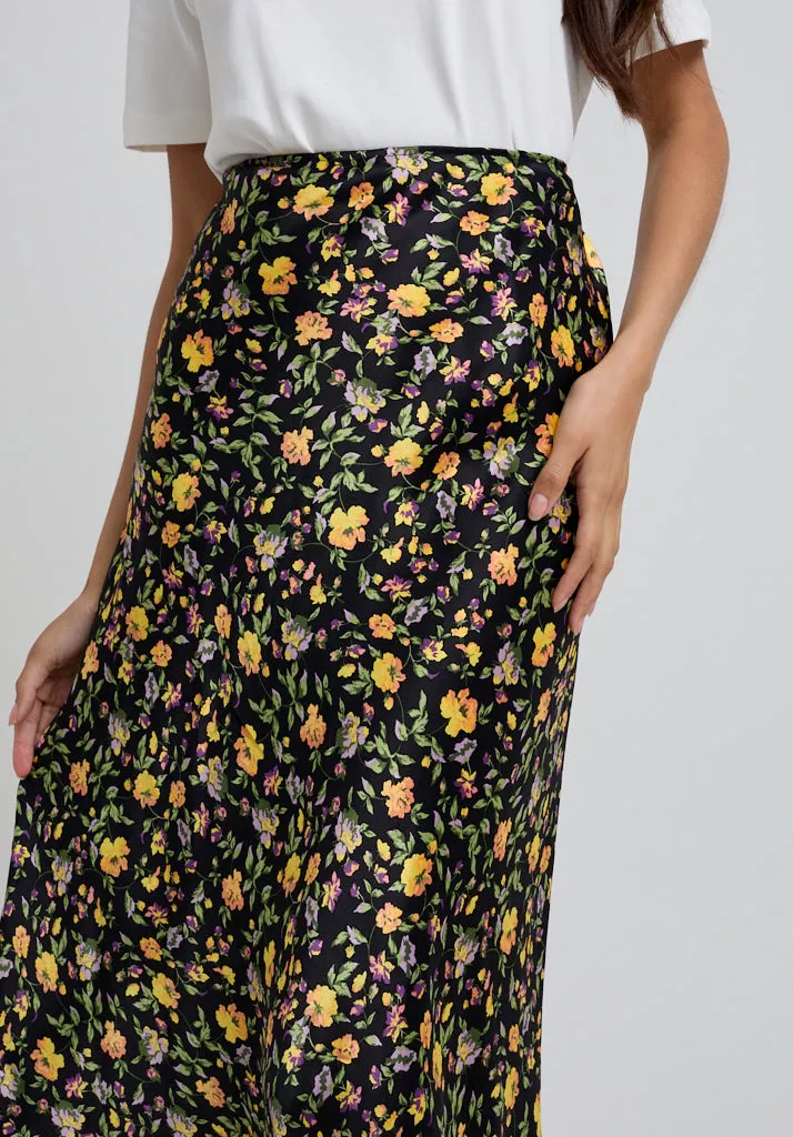 Poppy Bias Cut Floral Print Midi Skirt In Multi