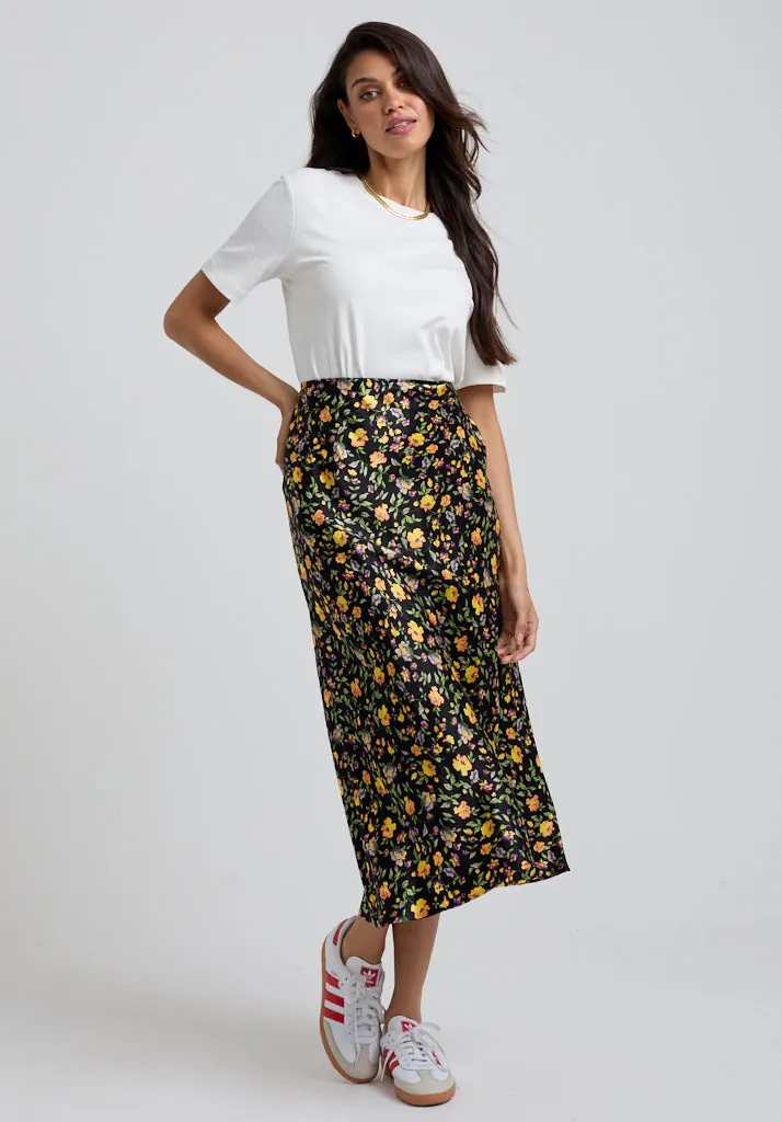 Poppy Bias Cut Floral Print Midi Skirt In Multi