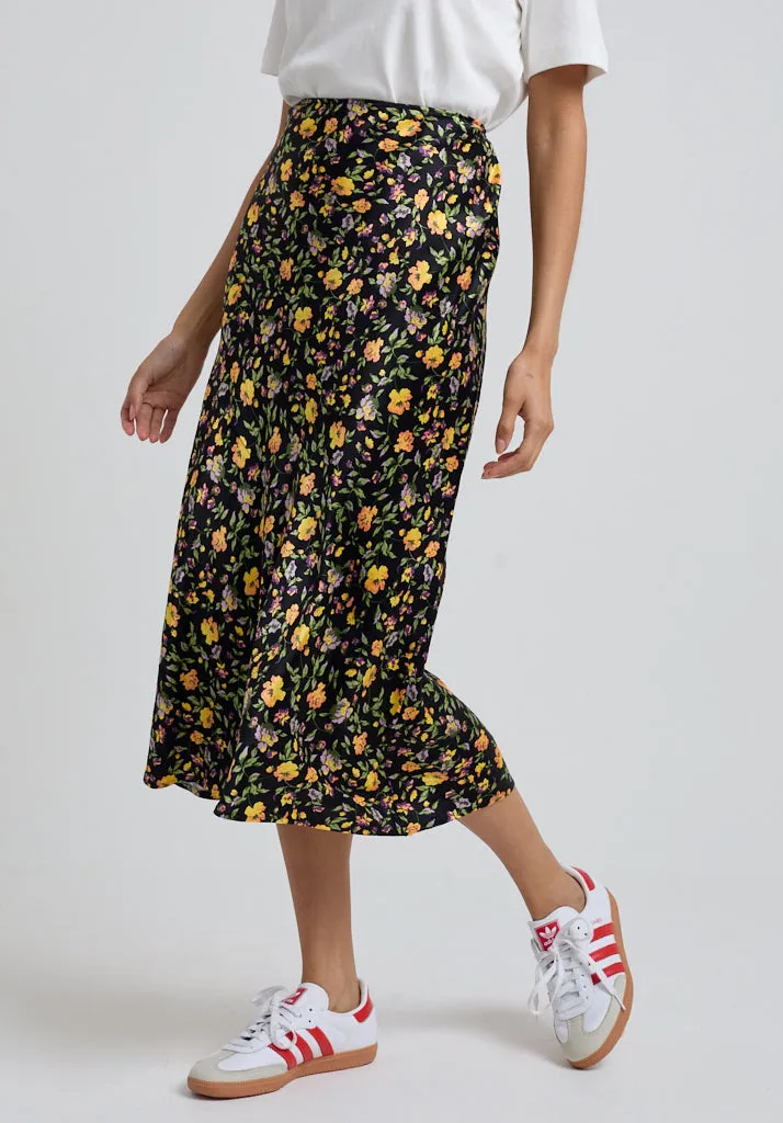 Poppy Bias Cut Floral Print Midi Skirt In Multi