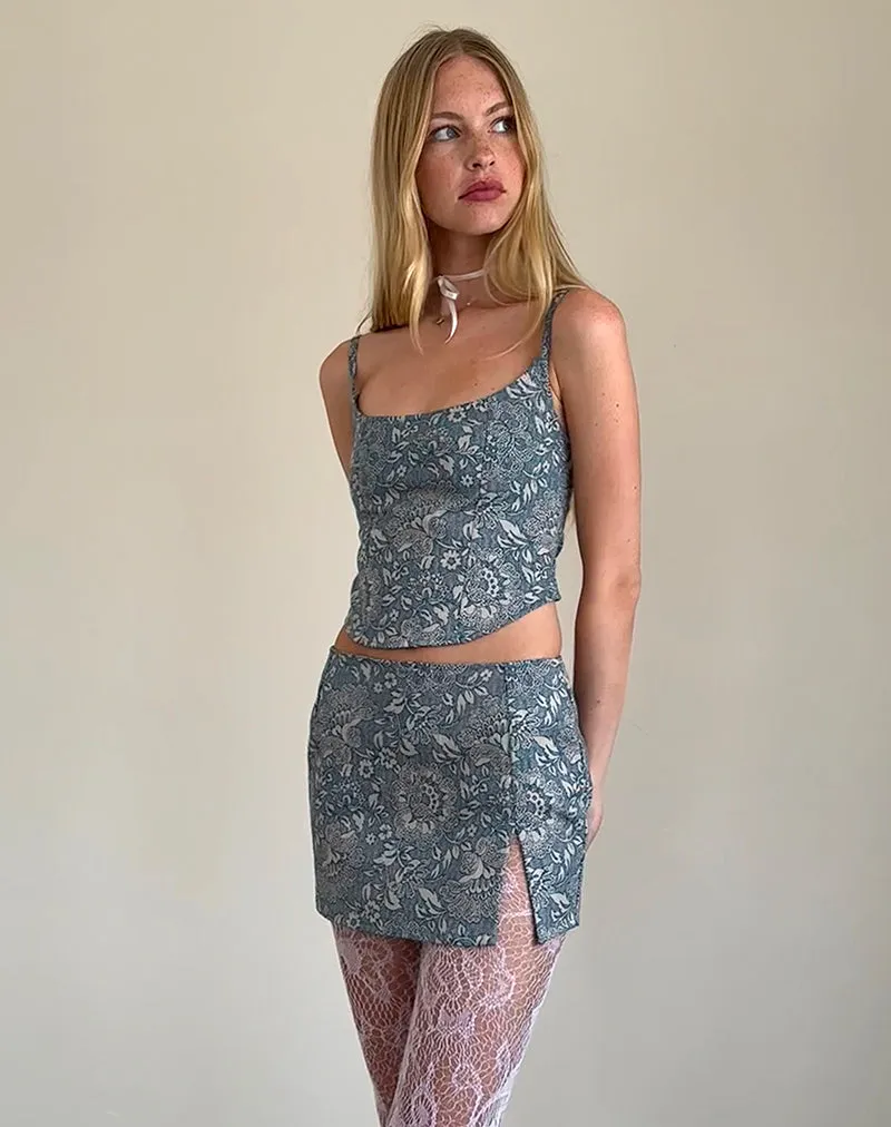 Pravara Mini Skirt in Blue Ornate Print