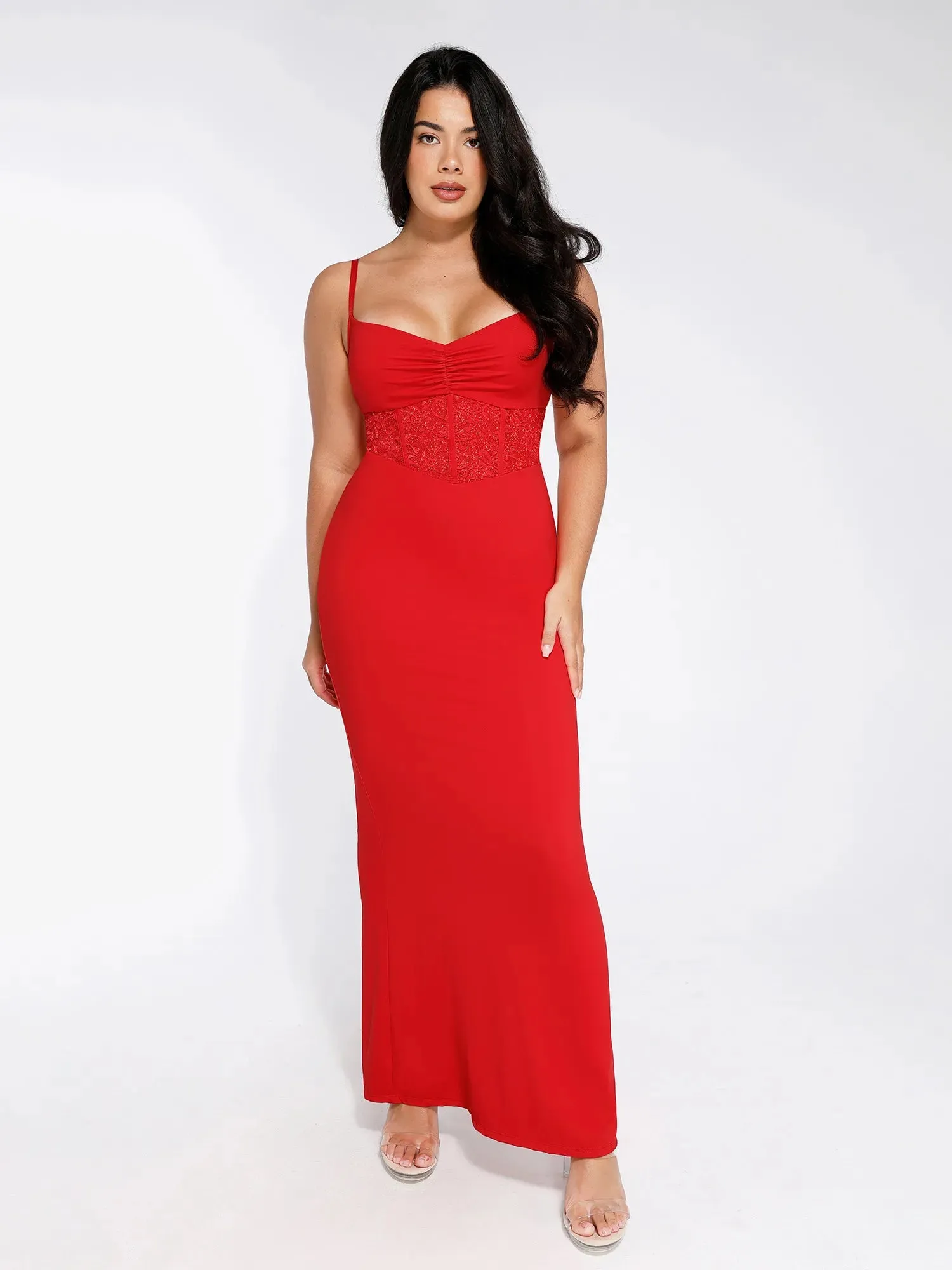 Shapewear Lace Inset Sculpting Mermaid Maxi Slip Dress