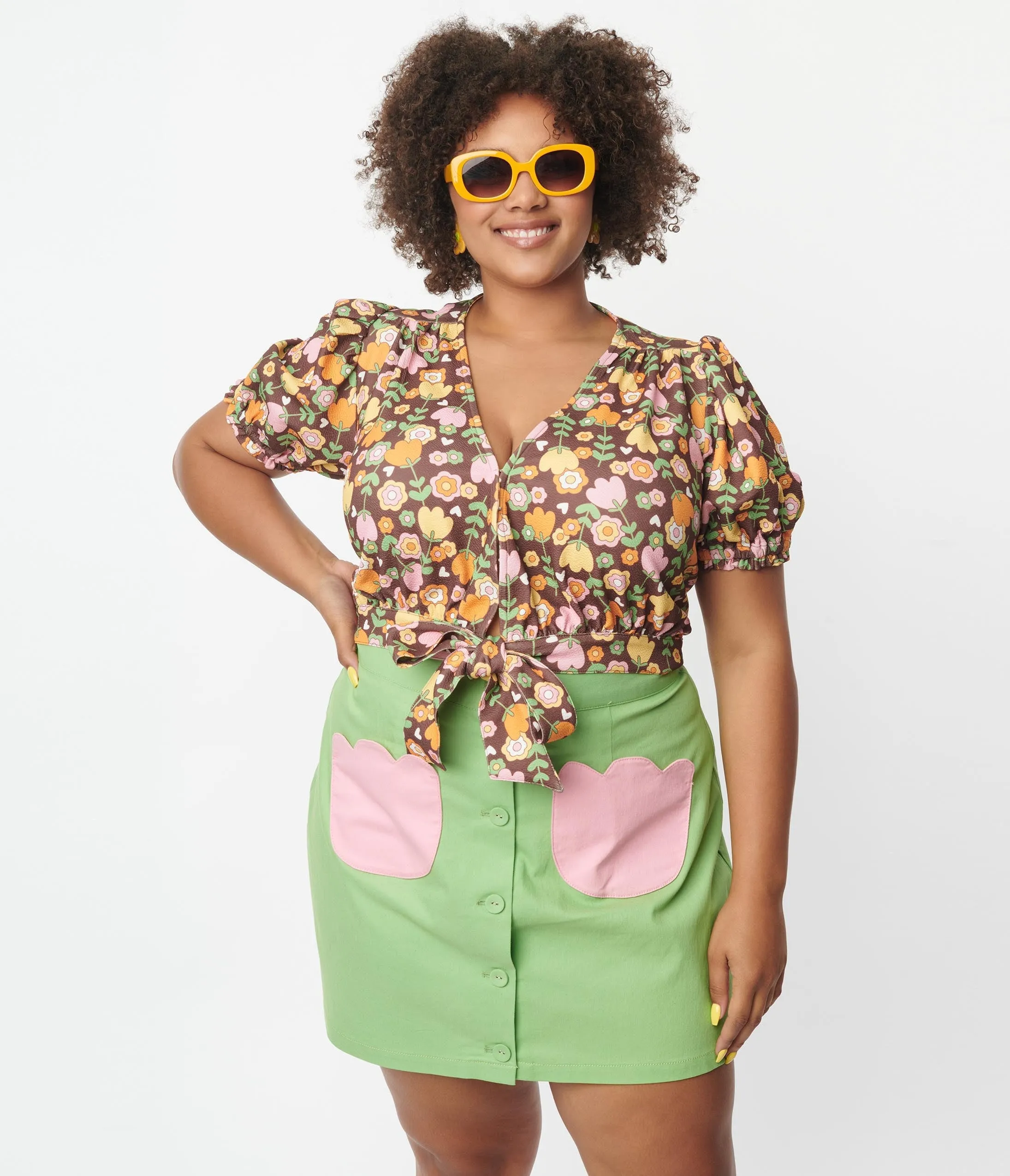 Smak Parlour Plus Size Green & Pink Tulip Match Game Skirt