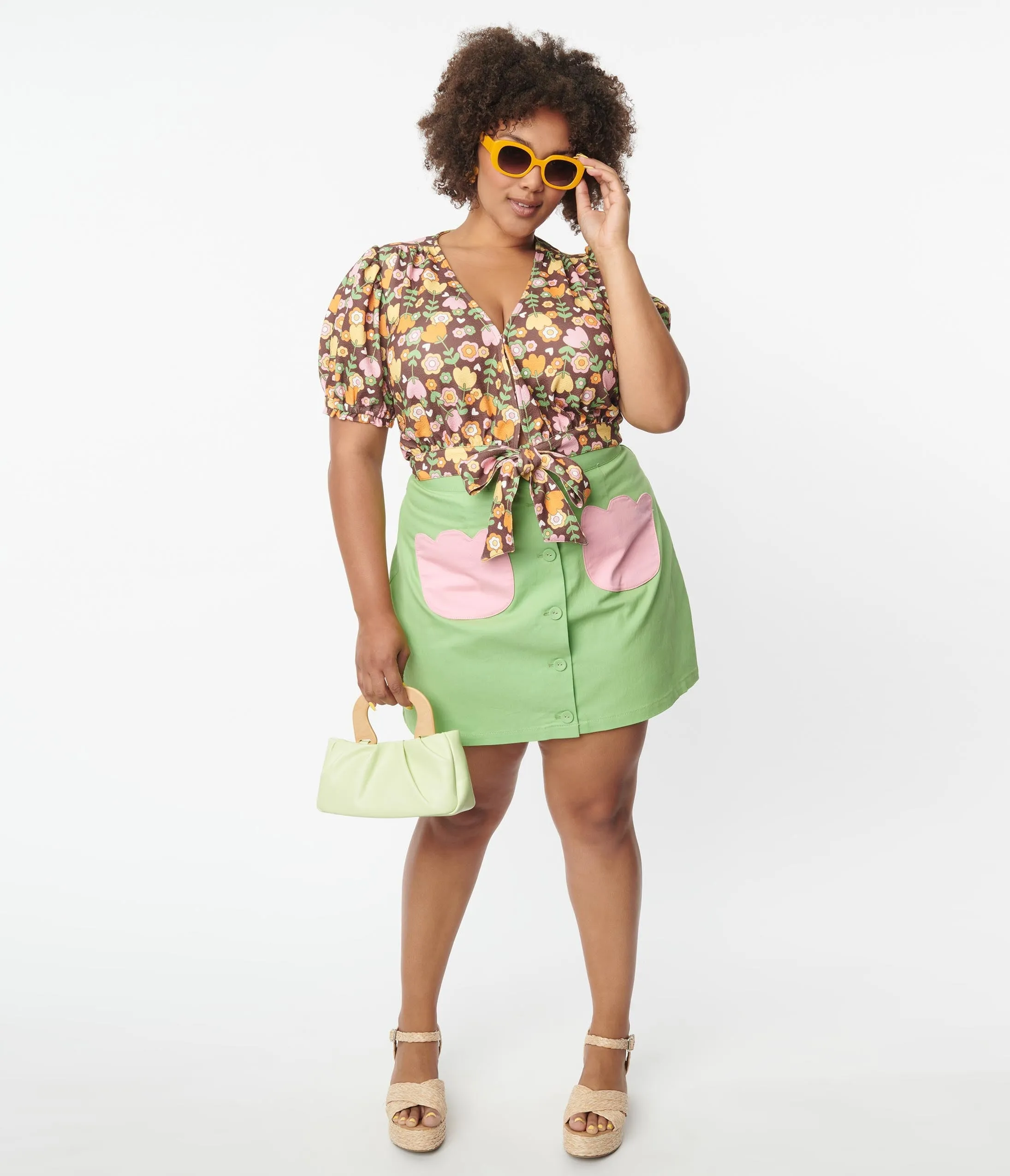 Smak Parlour Plus Size Green & Pink Tulip Match Game Skirt