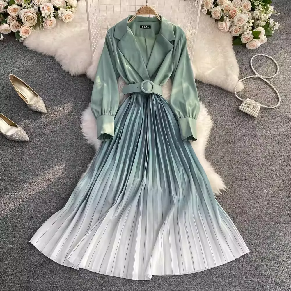 Suit Collar  Gradient A Line Elegant Pleated Dress 1569