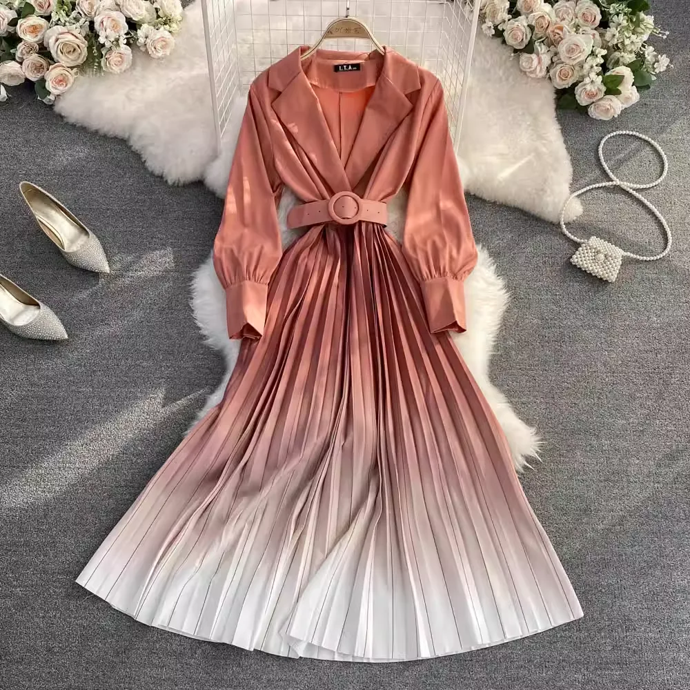 Suit Collar  Gradient A Line Elegant Pleated Dress 1569