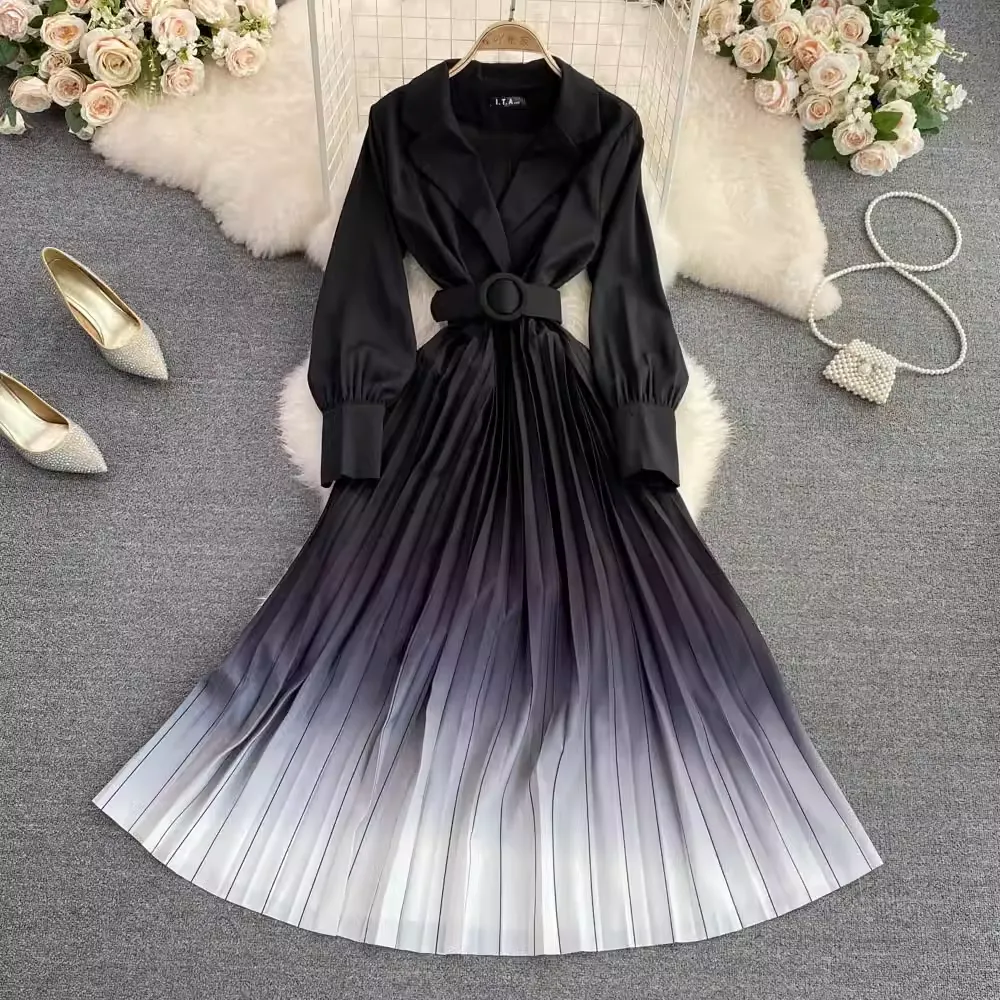 Suit Collar  Gradient A Line Elegant Pleated Dress 1569