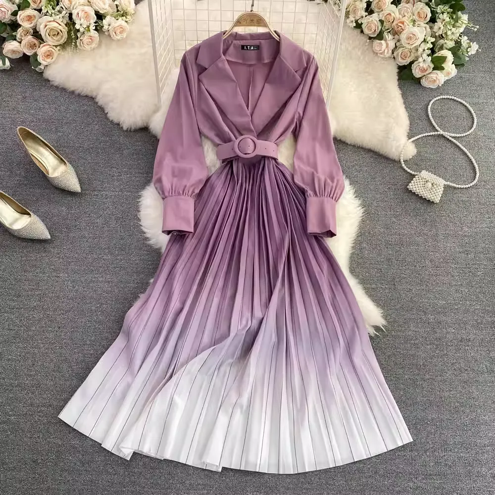 Suit Collar  Gradient A Line Elegant Pleated Dress 1569